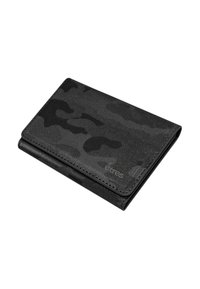 Portafoglio in tessuto testurizzato con stampa camouflage nera e design piegato. Include un dettaglio logo discreto sul davanti. Forma compatta.