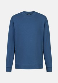 Blaues Langarm-Sweatshirt mit Rundhalsausschnitt, gerippten Bündchen und Saum, vor einfachem hellem Hintergrund präsentiert.