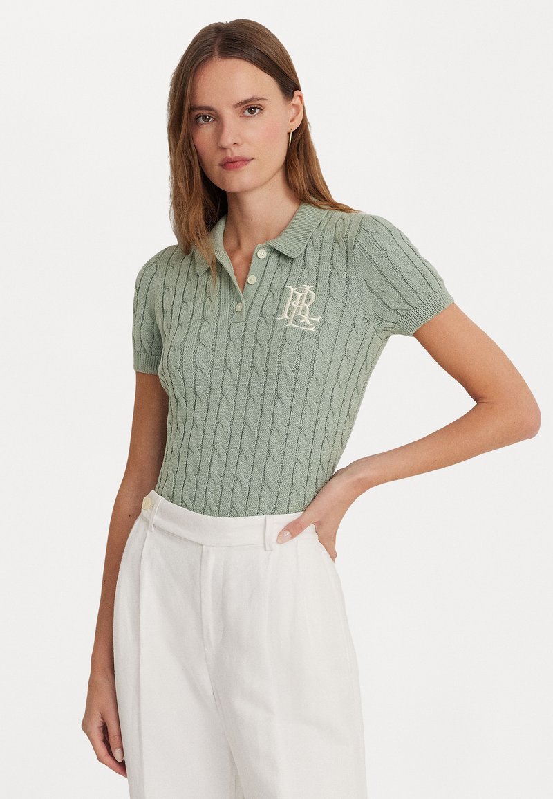 Lauren Ralph Lauren CABLE KNIT COTTON POLO JUMPER - Polo marškinėliai - soft laurel