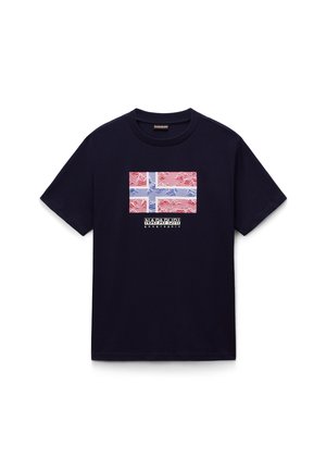 Marineblå bomulds t-shirt med et grafisk tryk af det norske flag i rød, blå og hvid, med teksten "Napapijri Geographic" nedenfor.