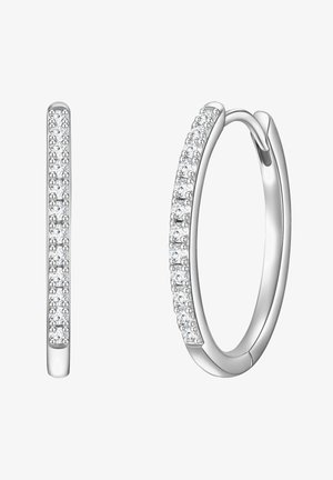 Sølvøreringe med hængende design, indlagt med små klare edelstene langs den ene side for ekstra glans og detaljer.