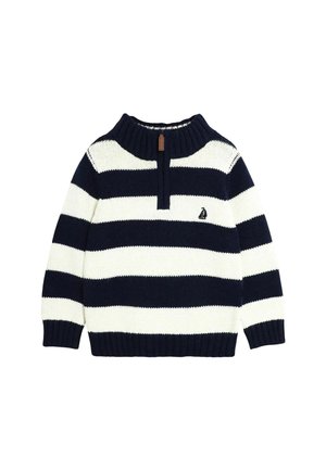 Marinblau und weiß gestreifter Strickpullover mit einem Viertel-Reißverschluss und kleinem Segelboot-Logo auf der Brust.