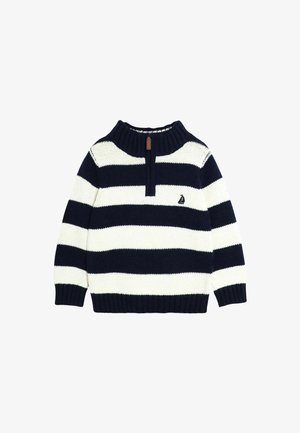 Maglione a righe navy e bianco in maglia con zip a un quarto e piccolo logo di una barchetta sul petto.