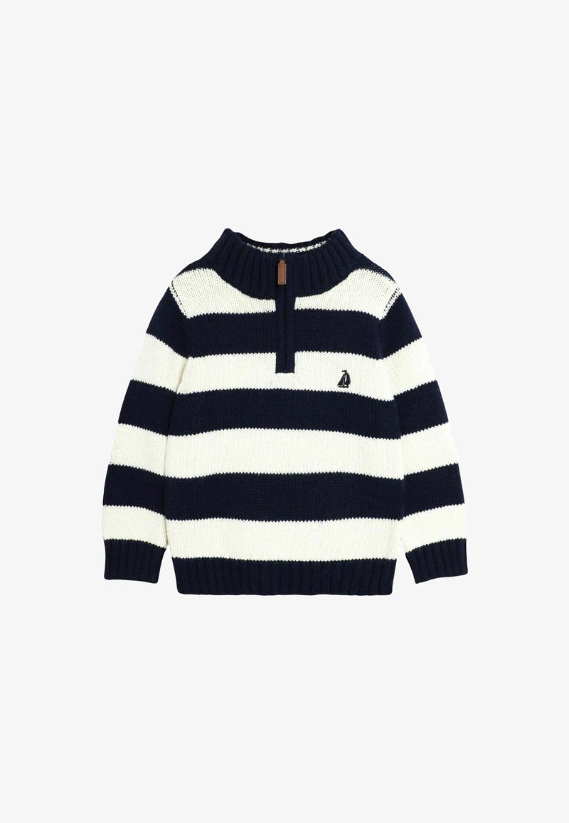 Merinotakk blått og hvitt stripet med kvart glidelås og liten seilbåtlogo på brystet.