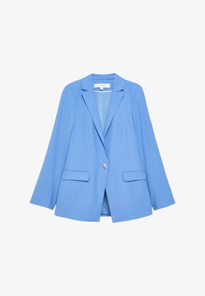 Hellblaues Zweiknopf-Blazer mit abgestuften Revers, langen Ärmeln, zwei vorderen Pattentaschen und einem glatten Innenfutter.