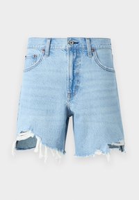 Lichtblauwe denim shorts met een klassiek vijf-pocket ontwerp, rafelige zoom en versleten details aan de voorkant.