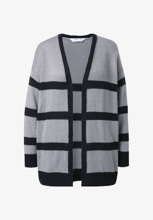Szary i czarny, w paski długi kardigan, z dzianinowej tekstury, z otwartym przodem, z dużymi blokami naprzemiennie występujących kolorów oraz luźnym krojem.