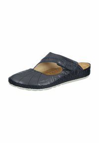 Black leather slip-on shoe with a textured upper, cut-out design, and a Velcro strap. Features a cushioned insole and rubber outsole.