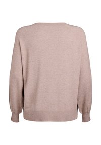 Light beige sweater with a relaxed fit, drop shoulders, ribbed cuffs, and hem. Soft texture with a smooth knit finish.