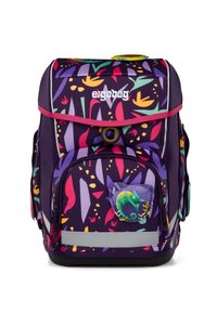 Purple backpack with colorful floral patterns, featuring zippers, a reflectively striped panel, and a plastic chameleon accent on the front.