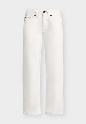 Λευκό τζιν με ίσια γραμμή, μαύρα χαλύβδινα κουμπιά, μπροστινό κουμπί, φερμουάρ, θηλιές για ζώνη και σχεδιασμό με πέντε τσέπες.