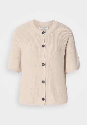 Beige short-sleeve knit cardigan with round neckline and five dark buttons down the front by Marc O'Polo.