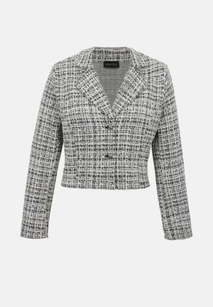 Sort-hvid tweed kort blazer med lange ærmer, snit krave og knaplukning på en ensfarvet baggrund.