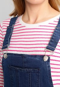 Denim overalls with adjustable silver clips, featuring a front pocket. Underneath, a white knit sweater with pink horizontal stripes.