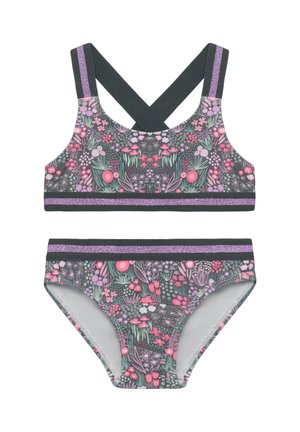 Floral-patterned bikini set featuring a gray base, pink and green flowers, and sparkly purple trim on the bra straps and waistband.