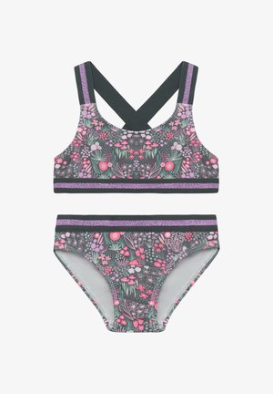 Set di bikini con motivo floreale, base grigia, fiori rosa e verdi e rifiniture viola scintillanti sulle spalline del reggiseno e sulla fascia in vita.