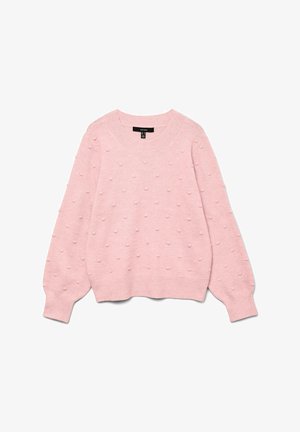 Svijetlopinkasti pulover dugih rukava s teksturiranim uzorkom točkica, rebrastim rukavima, donjim rubom i okruglim izrezom.