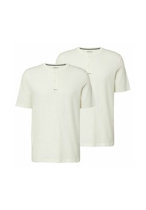 Two plain white short-sleeve crew neck t-shirts with three-button plackets, displayed against a white background.