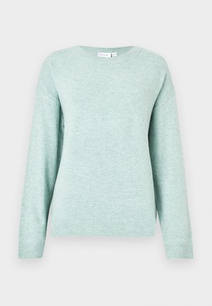 Hellmintgrüner Pullover aus weichem Stoff, mit rundem Ausschnitt, langen Ärmeln sowie gerippten Bündchen und Saum. Keine sichtbaren Muster oder Akzente.