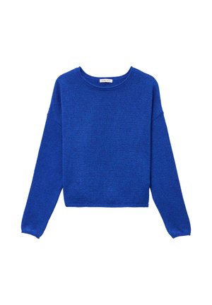 Blauwe cropped trui met lange mouwen, ronde hals, gestructureerde gebreide stof en geribbelde randen. Eenvoudig, effen kleur zonder patronen.