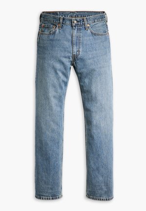 Blue straight-leg denim jeans with five pockets, belt loops, and metal button closure on a white background.