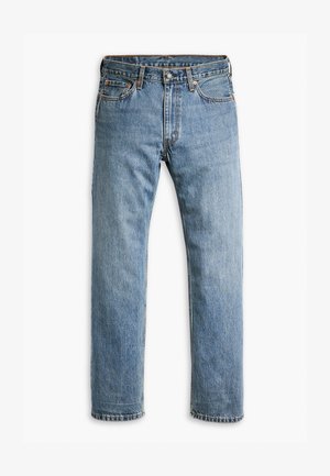 Blue straight-leg denim jeans with five pockets, belt loops, and metal button closure on a white background.