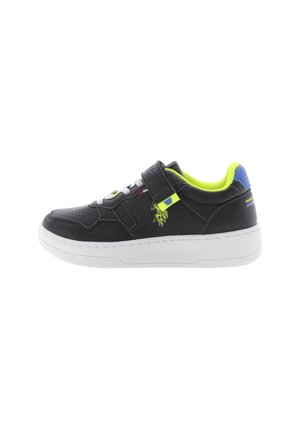 Schwarze Leder-Sneaker mit weißer Sohle, perforierter Textur, limettengrünen Akzenten und Klettverschluss. Mit blauer Ferse und Logodetail.
