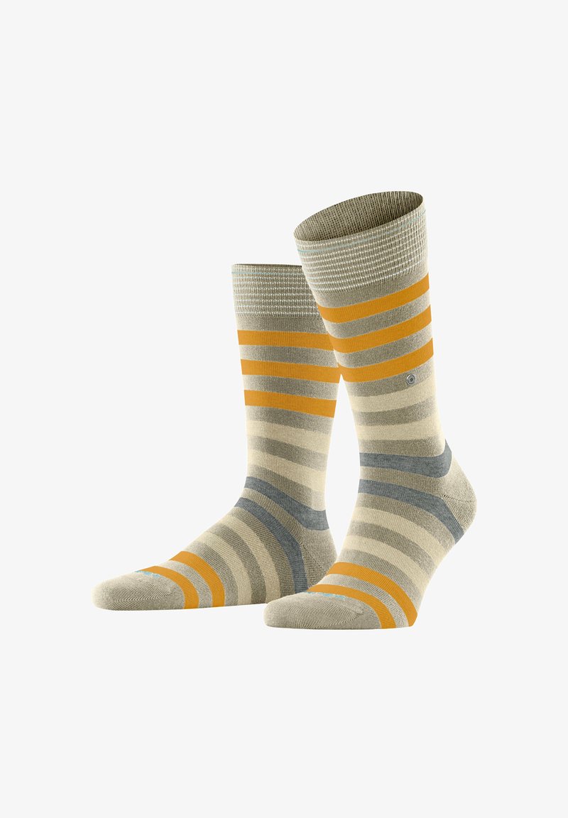 Chaussettes de longueur mi-mollet avec des rayures horizontales beige, orange, gris et crème, présentées debout et superposées sur un fond blanc.