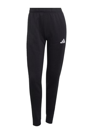 Schwarze Jogginghose mit elastischem Bund, zulaufenden Beinen und einem weißen Logo am linken Oberschenkel. Hergestellt aus weichem, strapazierfähigem Stoff.