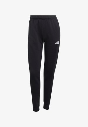 Black sweatpants with an elastic waistband, tapered legs, and a white logo on the left thigh. Made of soft, durable fabric.