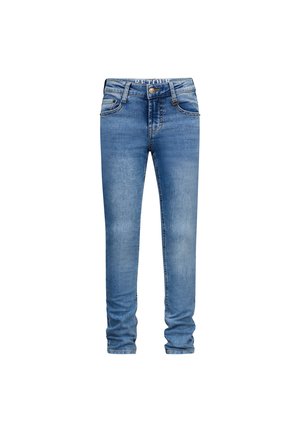 Skinnies in lichtblauwe denim, met een middelhoge taille, voorzakken en een subtiele versleten textuur op de benen.