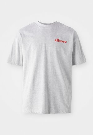 Gray cotton t-shirt with a round neckline and short sleeves. Features a red "ellesse" logo on the left chest. Soft texture, casual design.