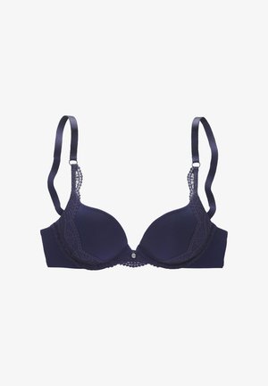 Marineblaue BH mit weichen gepolsterten Cups, filigraner Spitze an den Kanten und satinierten Trägern. Verfügt über einen dekorativen Frontverschluss.