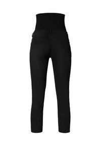 Pantalons capri en denim noir avec une taille élastique haute, comportant deux poches arrière et une silhouette ajustée. Texture lisse, sans matériel visible.