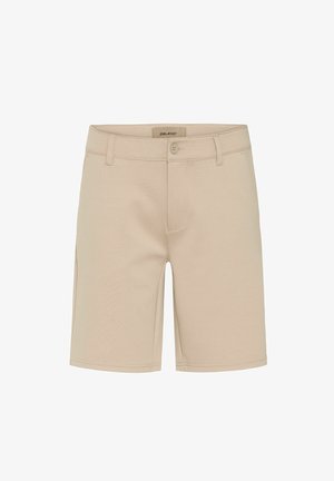 Beige shorts van een katoenen mixstof, met een rechte snit, stiksels, een knoopsluiting aan de voorkant en zijzakken.