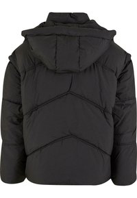 Schwarze Daunenjacke mit Kapuze, mit gestepptem Design, genähten Chevron-Mustern und elastischen Bündchen für eine bequeme Passform.