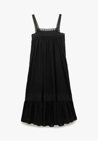 Musta hihaton mekko pitsihihnoilla, kerrostetulla bodice-osalla ja röyhelöhelmalla. Kauluksessa ja helmassa on kauniisti koristeltu pitsireuna.