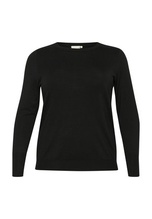 Czarny sweter z długim rękawem wykonany z miękkiego materiału, z okrągłym dekoltem i prążkowanymi mankietami. Prosty design bez wzorów czy ozdób.
