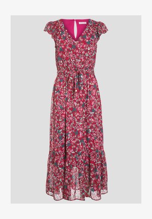 Blumen-Midi-Kleid in Rosa- und Grüntönen, aus leichtem Stoff, mit kurzen Ärmeln, V-Ausschnitt und gerafftem Taillenbereich mit einem Bindegürtel.