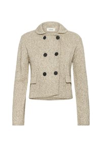 Bež pleteni kardigan s dvostrukim kopčanjem, crnim gumbima i dva prednja džepa. Ima zaobljen ovratnik i duge rukave.