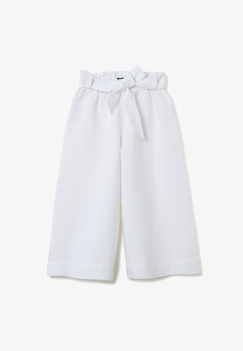 Witte linnen culotte-broeken met een relaxed fit, voorzien van een tailleband met strik en wijde pijpen. Gladde textuur en enkel-lange snit.