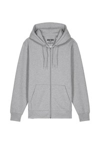 Felpa grigia con zip, dotata di cappuccio, lacci e due tasche frontali. Tessuto morbido e strutturato con polsini e orlo a coste. Etichetta del marchio visibile all'interno.