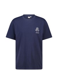 T-shirt en coton marine avec un col rond, des manches courtes et un logo graphique blanc contrastant sur la zone gauche de la poitrine.