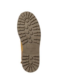 Semelle extérieure en caoutchouc brun avec un motif de grip texturé, comportant plusieurs rainures et un logo. La partie supérieure est attachée, affichant un léger profil.
