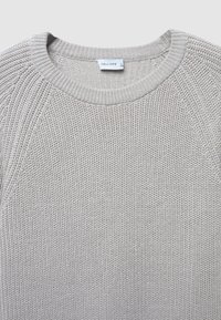 Hellgrau gestrickter Pullover mit Rundhalsausschnitt, der ein strukturiertes Muster und Raglanärmel aufweist. Das Etikett zeigt 'CALLIOPE' und die Größe 'L'.