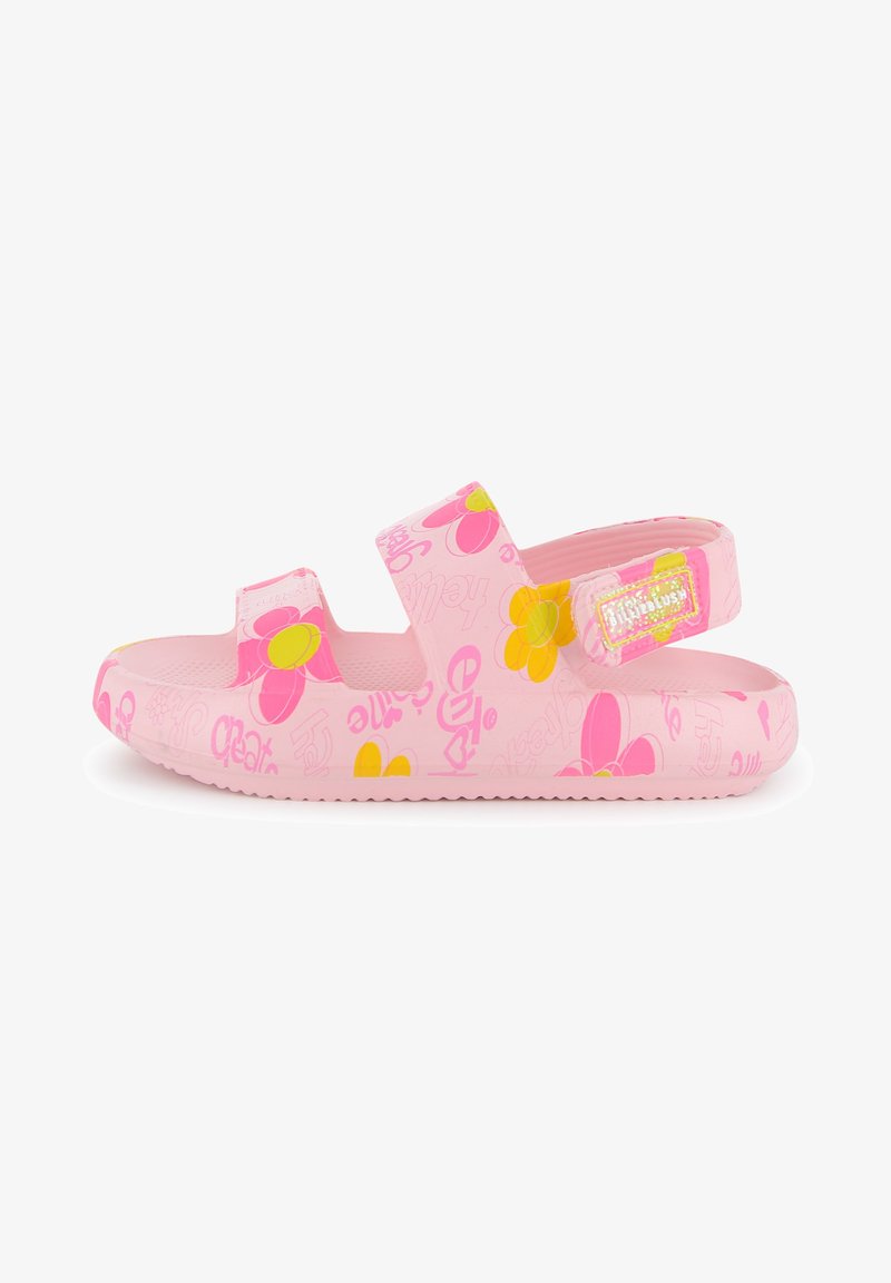 Ρόζ λαστιχένια σανδάλια με δύο ρυθμιζόμενα λουριά, διακοσμημένα με πολύχρωμα λουλούδια και κείμενο. Ελαφριά με υφή στην σόλα για καλύτερη πρόσφυση.
