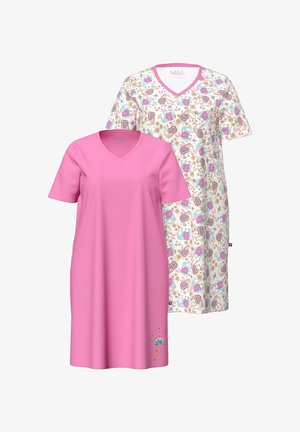 Dos vestidos de manga corta con escote en V, uno rosa sólido con un pequeño diseño floral cerca del dobladillo, el otro blanco con un estampado colorido de llamas y flores.