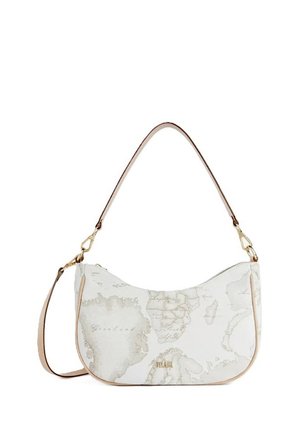 Borsa a spalla bianca con stampa vintage della mappa del mondo beige e dettagli in oro, dotata di tracolla staccabile e design superiore curvo.