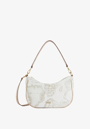 Borsa a spalla bianca con stampa vintage della mappa del mondo beige e dettagli in oro, dotata di tracolla staccabile e design superiore curvo.