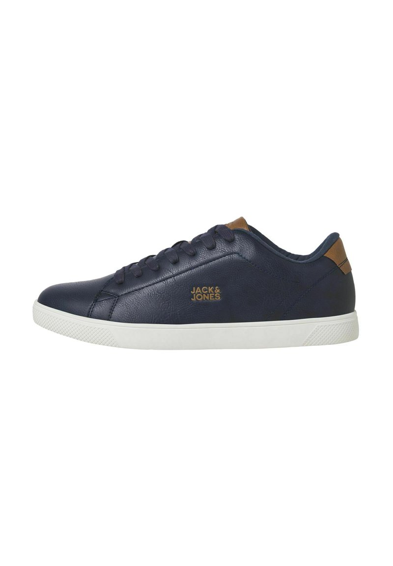 Navy blue leather sneakers with a textured finish, white rubber sole, and brown accents on the heel. Features lace-up design and logo.